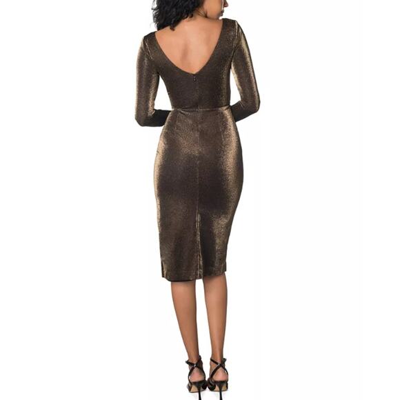 DRESS THE POPULATION Lois Metallic Bodycon Dress Small Gold Long Sleeve NWOT - Picture 3 of 7